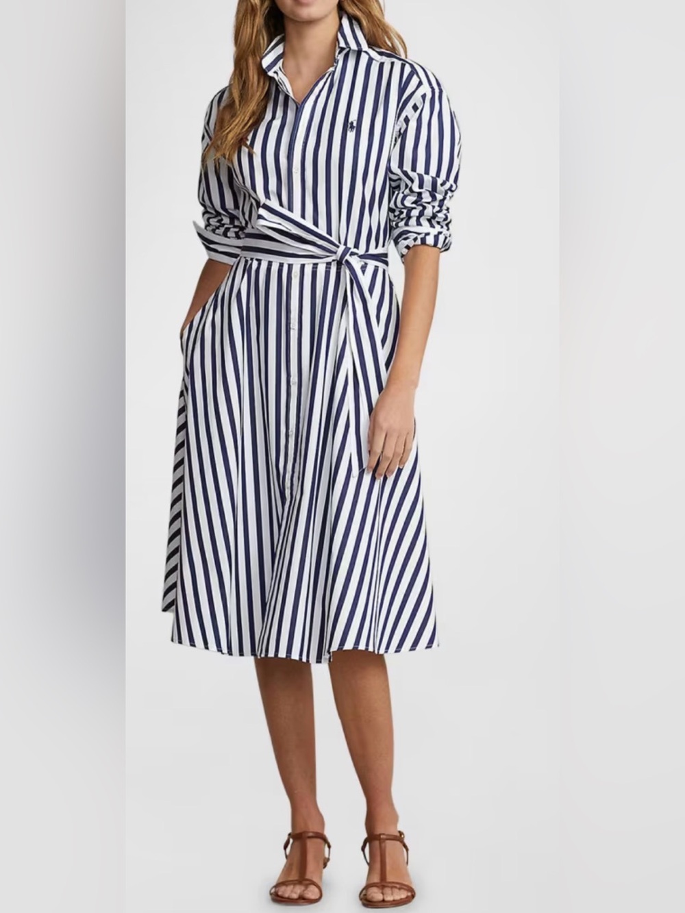Polo Ralph Lauren NWT Belted Wide-Stripe Cotton Shirtdress Navy Blue Collar Sz 8